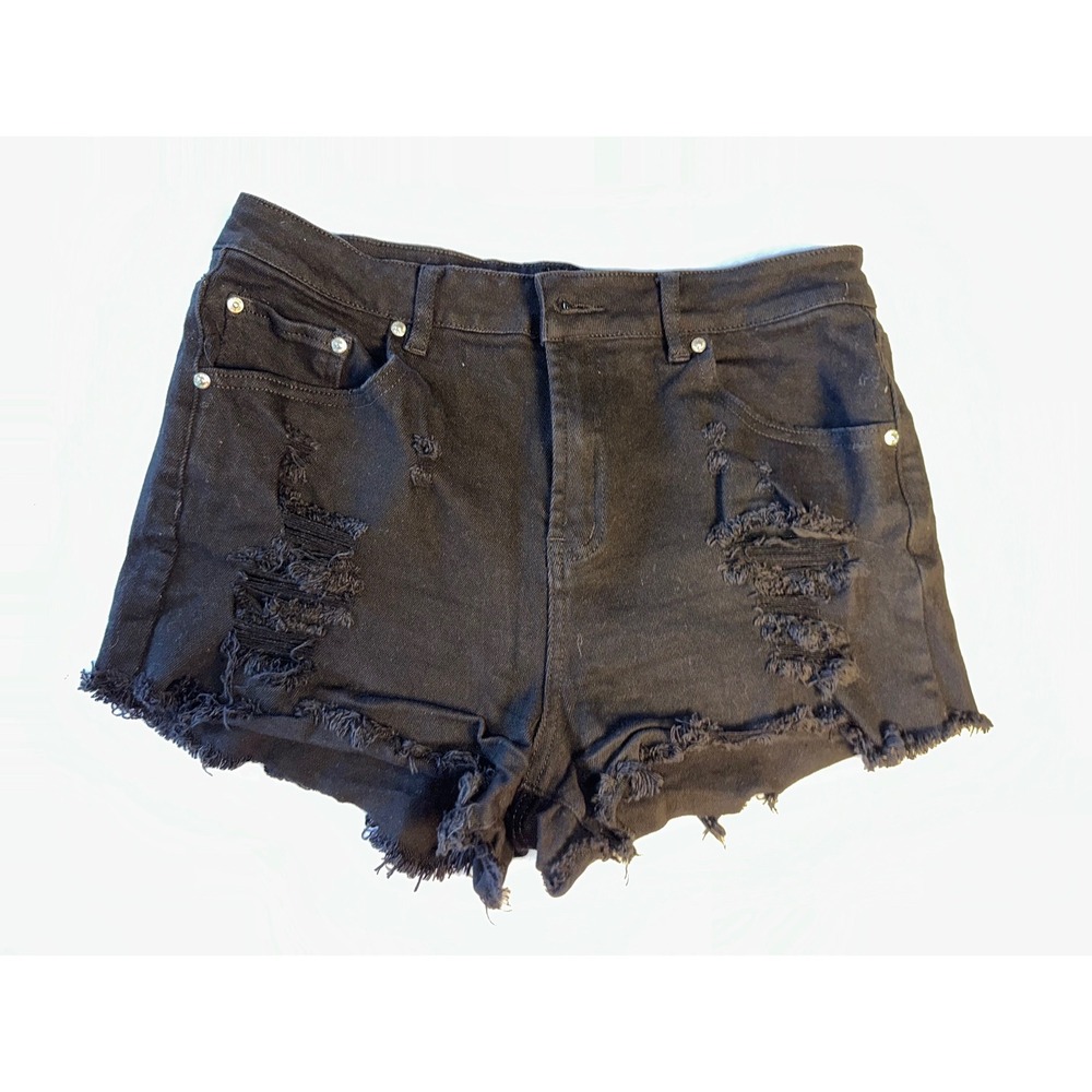 Almost Famous Black Distressed Denim Shorts High Waisted Frayed Hem Size 13